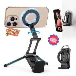 Omoton Keychain Tripod Stand, Foldable Magnetic Travel Mount with 360 Rotating Shaft, Adjustable Ring Grip, Selfie Stick, Clamping Mount & Hook for Desk, Airplane, Luggage, and Outdoor Use