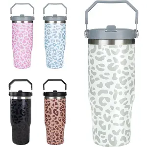 Women’s 30oz White Leopard Print Stainless Steel Portable Vacuum Insulated Flask - Round Travel Coffee Tumbler with Lid and Straw, Kitchenware Drinkware Gift Accessory, Flasks
