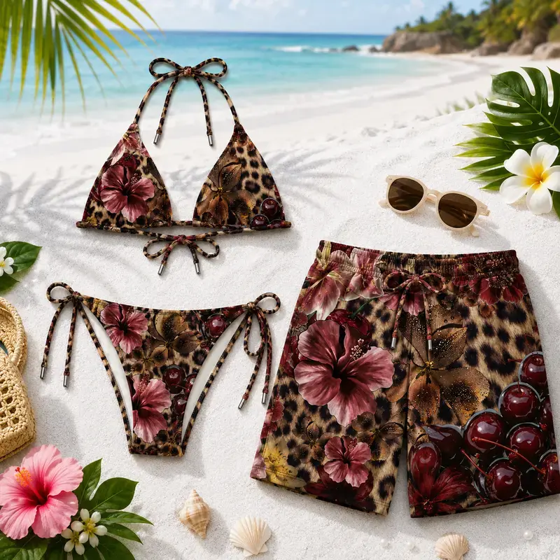 Leopard Print Family Matching Swimwear Set for Women & Men, Floral Cherry Print Triangle String Bikini and Drawstring Swim Trunks, Beach Vacation Swimsuit, Summer Pool Party Bathing Suit, Tropical Holiday Swimwear Set, Quick Dry