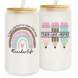 16oz Glass Water Bottle with Straw & Cleaning Brush, 1pc Reusable Portable Drinking Cup, Thank You Gift for Retired Teacher Festival Teacher's Day, Teacher Appreciation Gift, Tumbler, Water Storage Bottle, Printed Tumbler