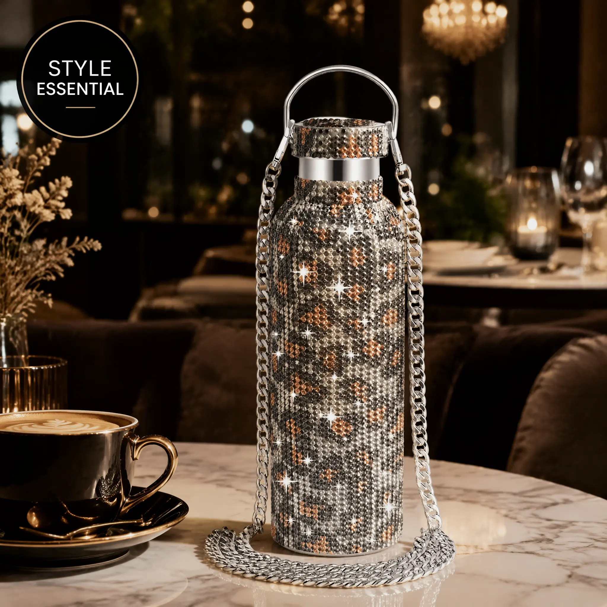 500ml Stainless Steel Water Bottle, Full Bling Rhinestone Diamond Double Wall Vacuum Insulated Thermal Tumbler, Leakproof Refillable Glitter Water Jug with Detachable Chain, Aesthetic Cute Accessory for Women & Girls,   festival gift