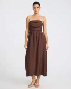 Express Strapless Ruched Smocked Back Midi Fit and Flare Dress