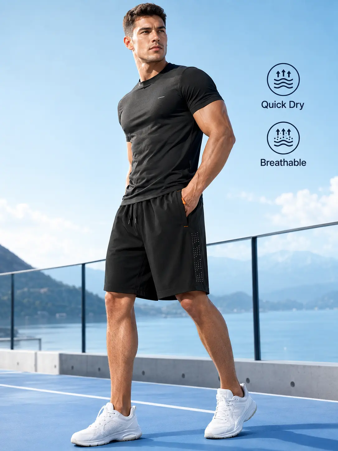 Men’s Drawstring Active Shorts - Lightweight Polyester, Quick Dry, Breathable, Elastic Sporty Athletic Shorts with Adjustable Strap, All-Around Stretch Waistband, Zip Pockets for Outdoor Football, Basketball