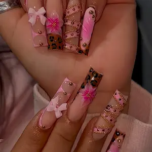 24 Long Square Fake Nails, Y2K Girl Style with 3D Bow and Floral Patterns, Leopard Print, Beads, Glossy Finish