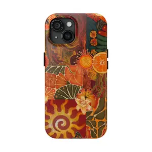 Boho Hippie Sun & Orange Floral  Phone Case for IP 17 16 15 14 13 12 11 Pro Max  Plus , Aesthetic Vibrant Flower & Swirls Case, Shockproof Heavy Duty Protective Cover, Groovy Abstract Collage Tough Case