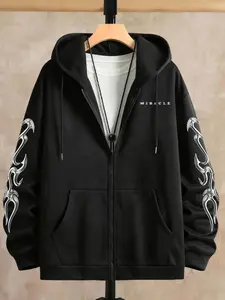Dark Thorn Print Hooded Zipper Jacket Sweatshirts, Long Sleeves, Ultra-Cool Street Style, Aesthetic, Oversized Fit Super Slimming Effect, Graphic Design, Fall & Winter Casual Wear, Man