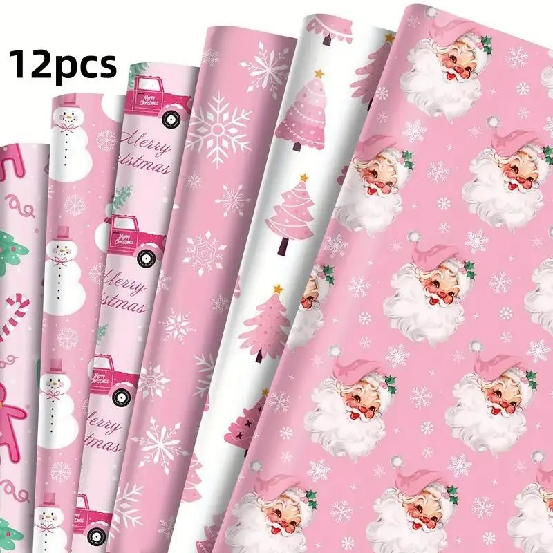 12-Piece Set, 6 Patterns, Christmas Snowman, Santa, Tree, Gift Wrapping Paper, Reindeer & Snowflake Theme Party Decor, Perfect Holiday Gifts