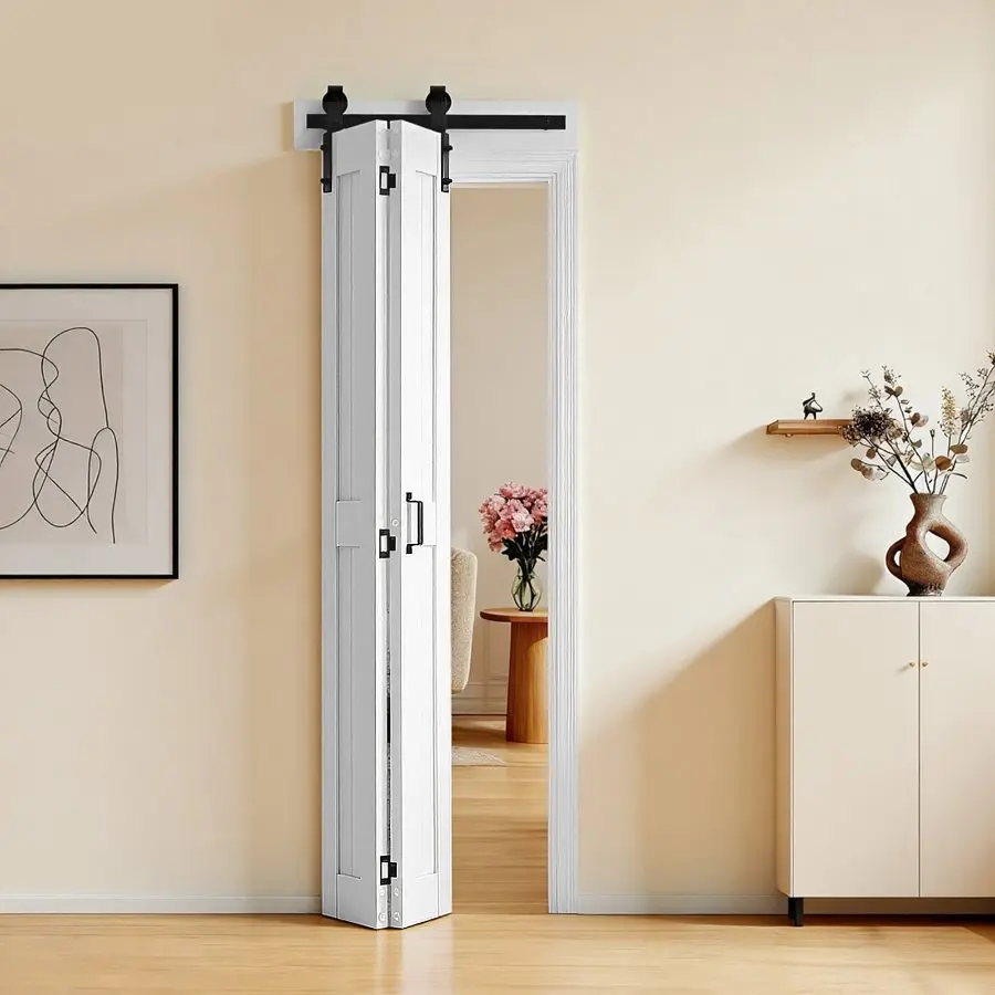 VEVOR MDF Bifold Barn Door, 24x84in H-Frame MDF Panels, Space-Saving Compact Home Design, Hardware Pack with Exterior Hanging Track & Quiet-Glide Rollers, Easy Install, Requires Assembly, for Bedroom Closet & Room Divider, White, Doors