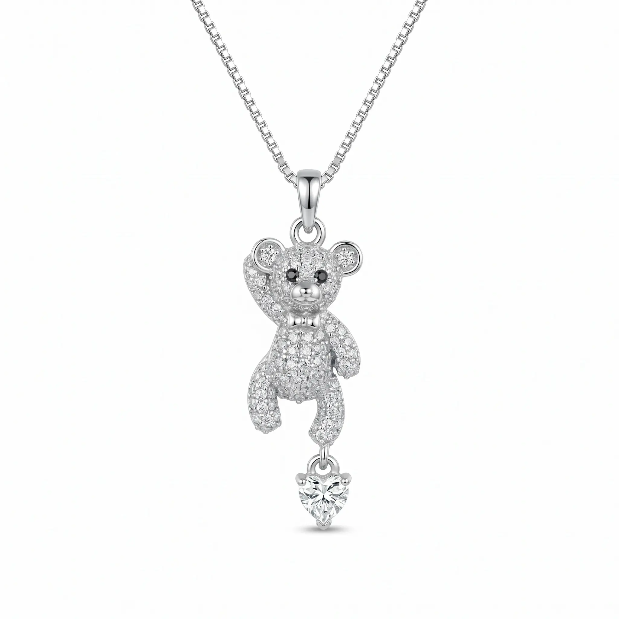S925 Sterling Silver 3D Teddy Bear Pendant Necklace with Heart Cubic Zirconia, Hypoallergenic Anti-Tarnish Cute Animal Jewelry Gift
