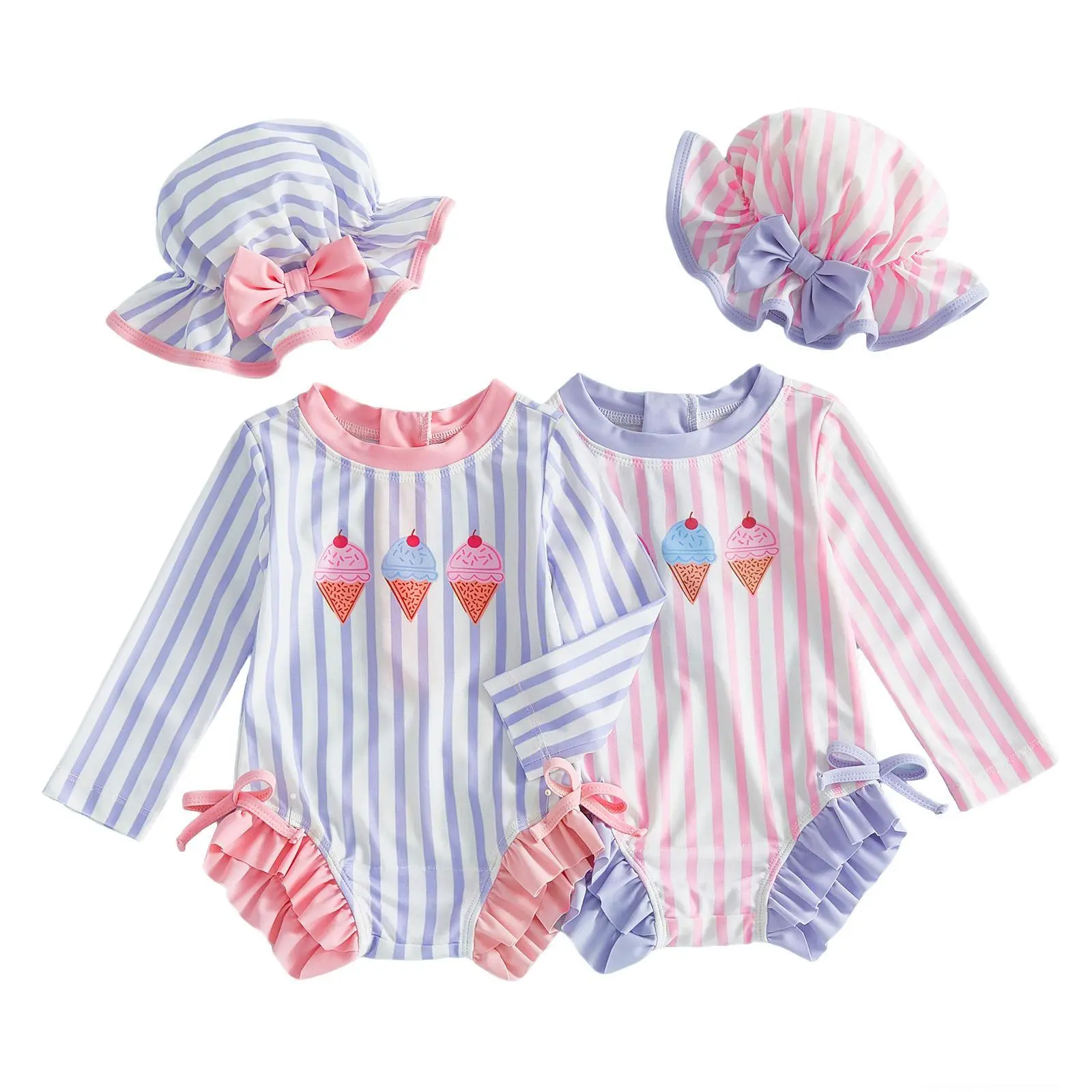 Toddler Baby Girl Rash Guard Swimsuit Long Sleeve Ice Cream Embroidery Ruffled Swimwear with Hat for Beach Pool 6M-3Y