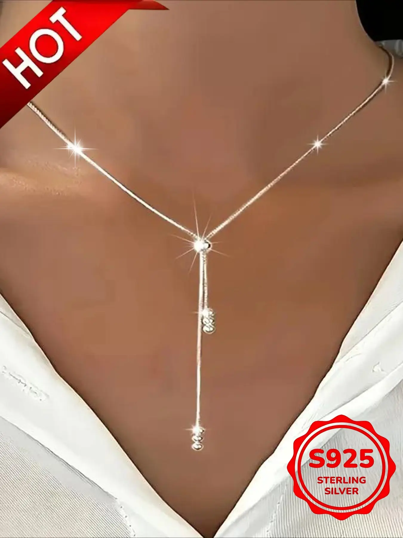 Women's S925 Silver Color Statement Necklace, Adjustable Y-Shape Design, Pendant Adjustable Chain, Elegant Minimalist Daily Wear Jewelry for All Seasons, Perfect Gift for Holidays, Adjustable Pendant Necklace