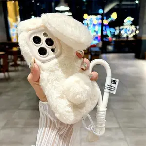 3D Cartoon Rabbit Ears Warm Furry Plush Bunny Phone Case With Lanyard For iPhone 17 15 14 13 12 11 16 Pro Max Shockproof Cover