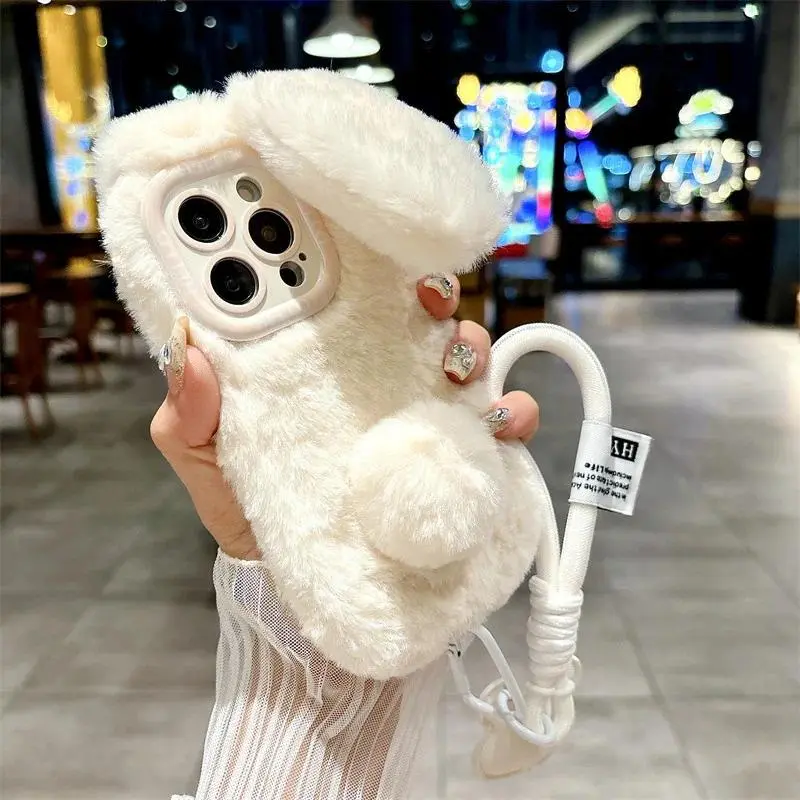 3D Cartoon Rabbit Ears Warm Furry Plush Bunny Phone Case With Lanyard For iPhone 17 15 14 13 12 11 16 Pro Max Shockproof Cover