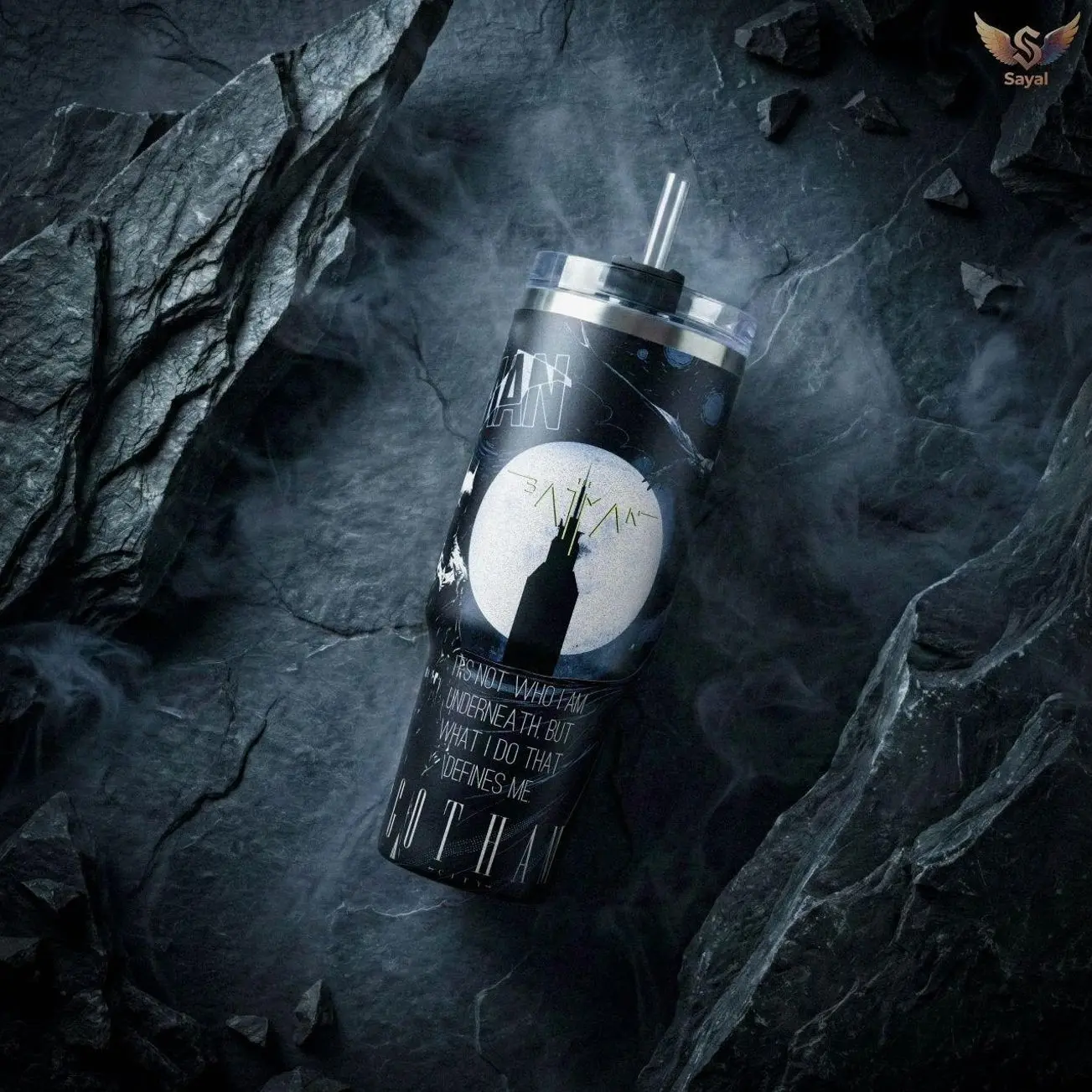 Bat Signal - Gotham Dark Knight City Quote 40oz Tumbler Design Moon Art with Vacuum Insulated Stainless Steel Cup with Comfort Handle & Leak-Proof Straw Hot Cold Beverage Container for Comic Book Fans Birthday Gift Super Hero Lovers