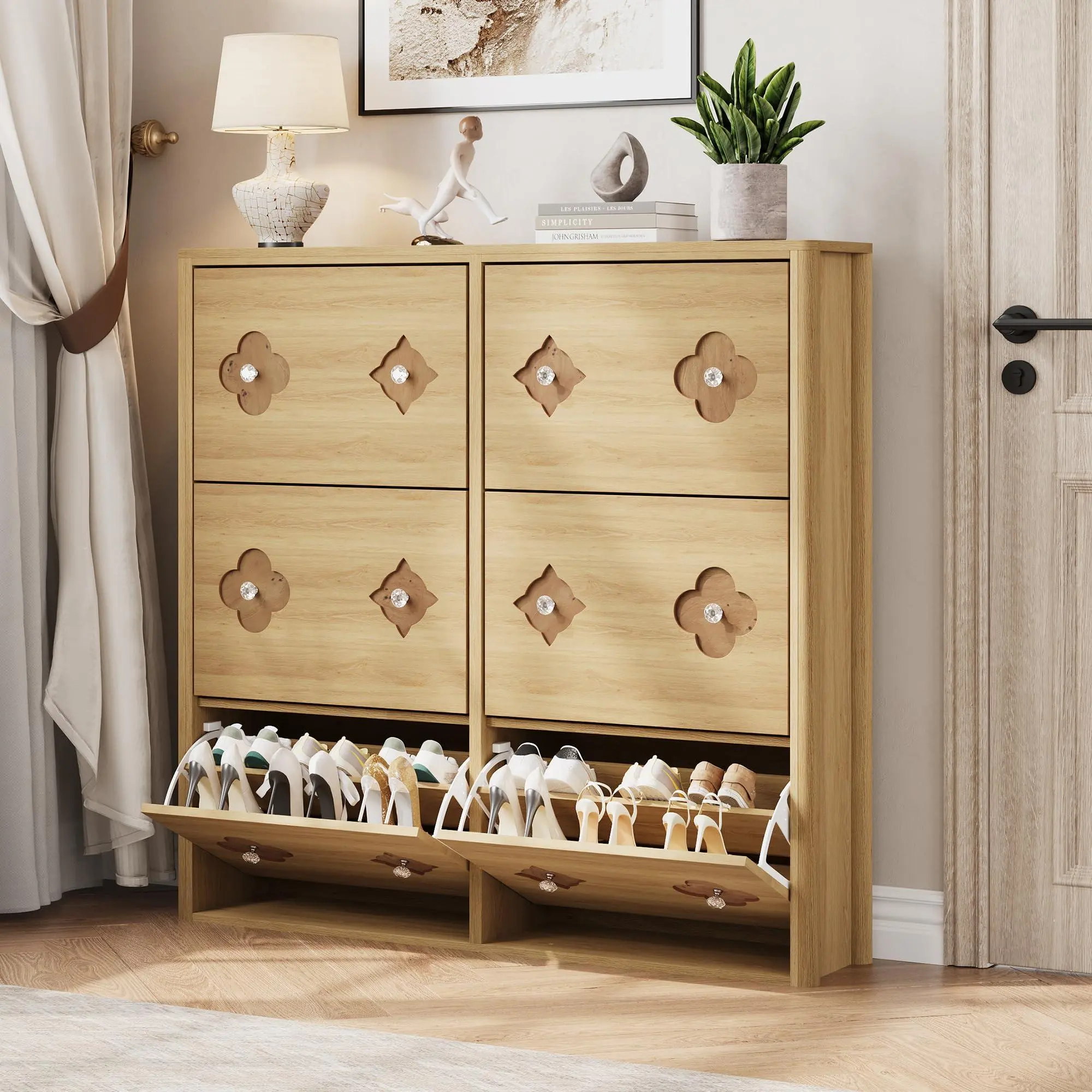 GARVEE Natural Oak Shoe Cabinet with 6 Flip Drawers, Shoe Storage Cabinet with Adjustable Shelves, Flower Pattern & Diamond Handle, Freestanding Slim Shoe Storage, Wooden Shoe Organizer Cabinet for Entryway,