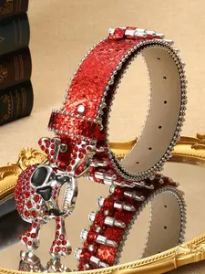 Gothic Punk Rhinestone Skull Belt, Wide Faux Leather Waistband, All over Print, Edgy Belt, Perfect Gift for Boyfriend and Girlfriend