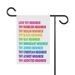 Love Thy Neighbor Garden Flag: Inclusive House Banner, LGBTQ Rainbow Ally Flag, Matthew 22 Bible Quote