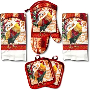 Rustic Rooster Kitchen Set – 5-Piece Farmhouse Decor with 2 Dish Towels, 2 Pot Holders & Oven Mitt | Functional Kitchen Towel Set for Daily Use