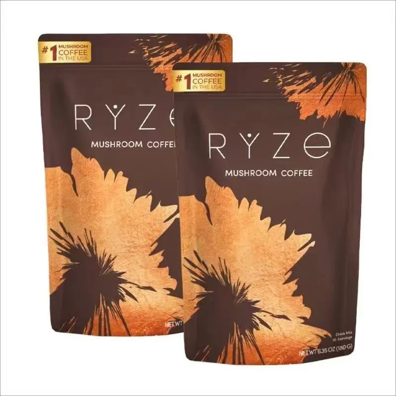 2 Packaging RYZE SUPERFOODS Mushroom Medium Roast Coffee USDA Organic with 6 Adaptogenic Mushrooms, USA Grown Instant Coffee for Better nergy, Focus Digestion Immunity with Lions Mane & Turkey Tail 30 Servings