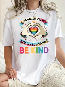 Women's Fun & Colorful 'Be Kind' Heart Graphic Tee - Casual Crew Neck Short Sleeve T-Shirt, Stretchy Polyester Blend, Machine Washable - Perfect for Summer