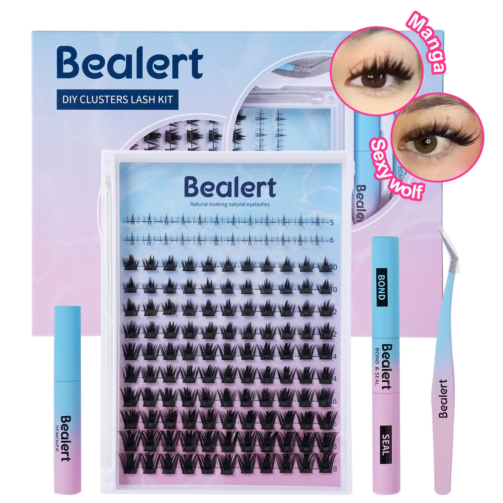 BEALERT Manga Lash Clusters Makeup Kit - 134 Pcs (24 Lower, 110 Upper) 5-18mm Wispy Fluffy, Transparent Waterproof Bands, Bond & Remover, Beginner-Friendly for Sensitive Eyes, Anime Lash Extensions, Eyelash Clusters Kit, Cluster Lashes