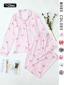 【Valentine Pajamas】Two-Piece Set Women's All Over Bow Print Button Front Shirt & Pants Pyjama, Casual Comfy Long Sleeve Lapel Neck Top & Trousers PJ Set, Women's Sleepwear for Spring & Fall