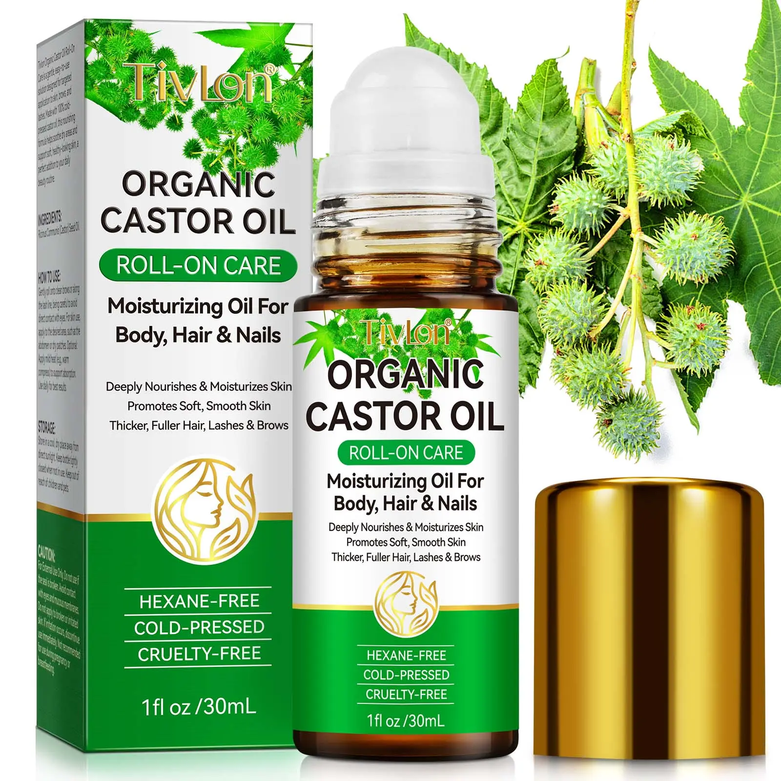 Organic Castor Oil Rollerball 30ML, Cold-Pressed Ricinus Communis Seed Oil, Precision Design for Skin Nourishment, Suitable for Eyebrows & Natural Haircare, Thicker Fuller Hair, Hair Growth Oil