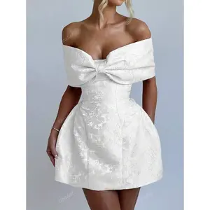 Women's Three-Dimensional Jacquard Fabric Waist Cinched One Shoulder Bow Design All White Dress, Suitable For Date Cocktail Party Dresses, Graduation Season Party Back To School Dresses Formal Polyester Womenswear Basic Workwear Sleeve