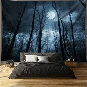 60in x 40in 1pc Extra Large Black and White Forest Moon Night Scene Tapestry - High-Definition Aesthetic Wall Hanging, Polyester Fabric, Ideal for Living Room, Bedroom, Dorm Decor - Includes Free Hanging Clip, Moon Decor