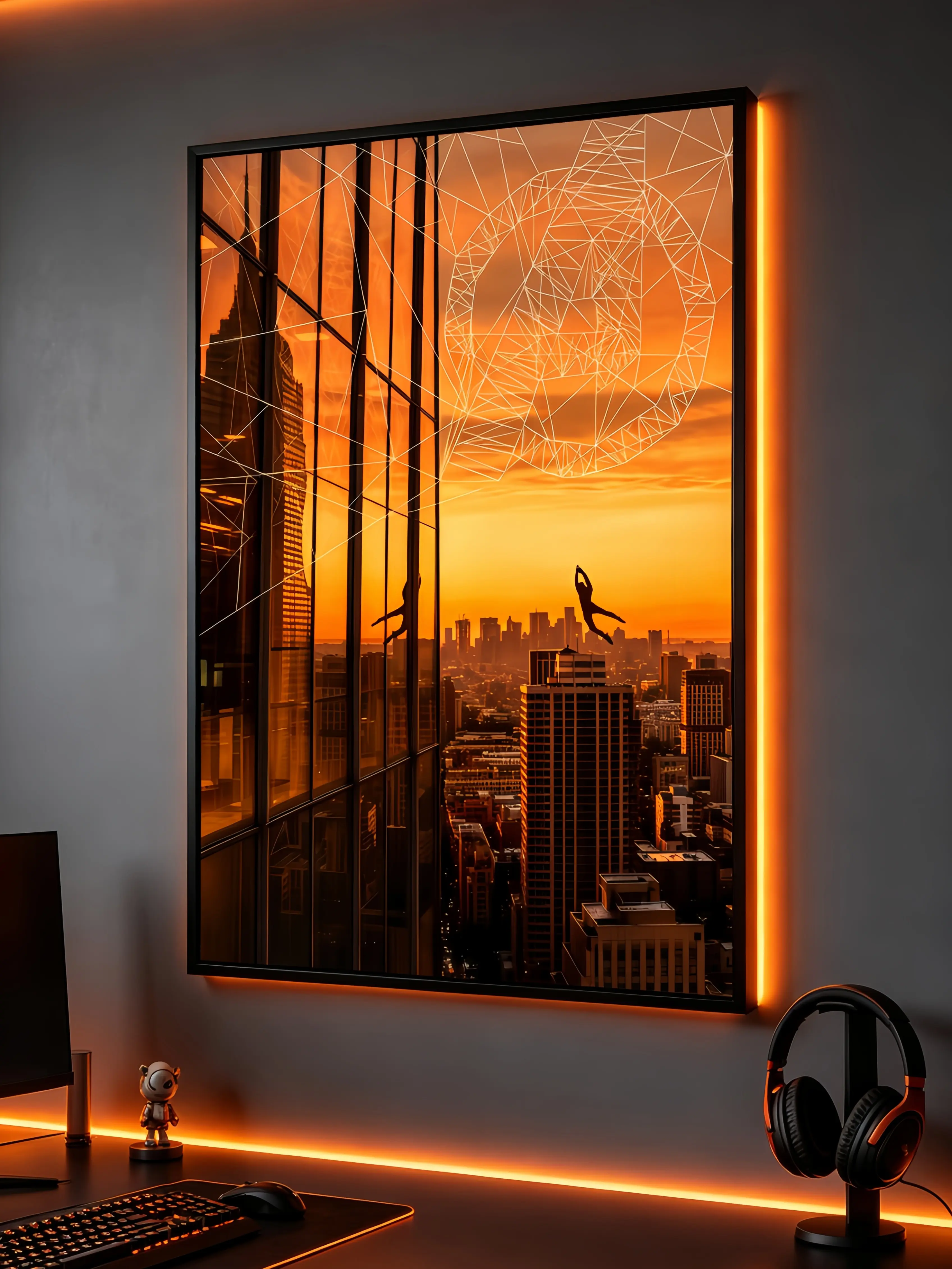 Spider-Man City Sunset Canvas Poster, Modern Geometric Web Silhouette Wall Art for Bedroom, Living Room Home Decor