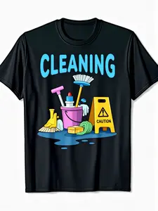 Men's & Women's Cleaning Enthusiast T-Shirt - Funny Mop Bucket Caution Sign Design, Pure Short Sleeve Crew Neck Tee with Housekeeping Graphics, Casual Gift for Janitors & Cleaners (Machine Washable)