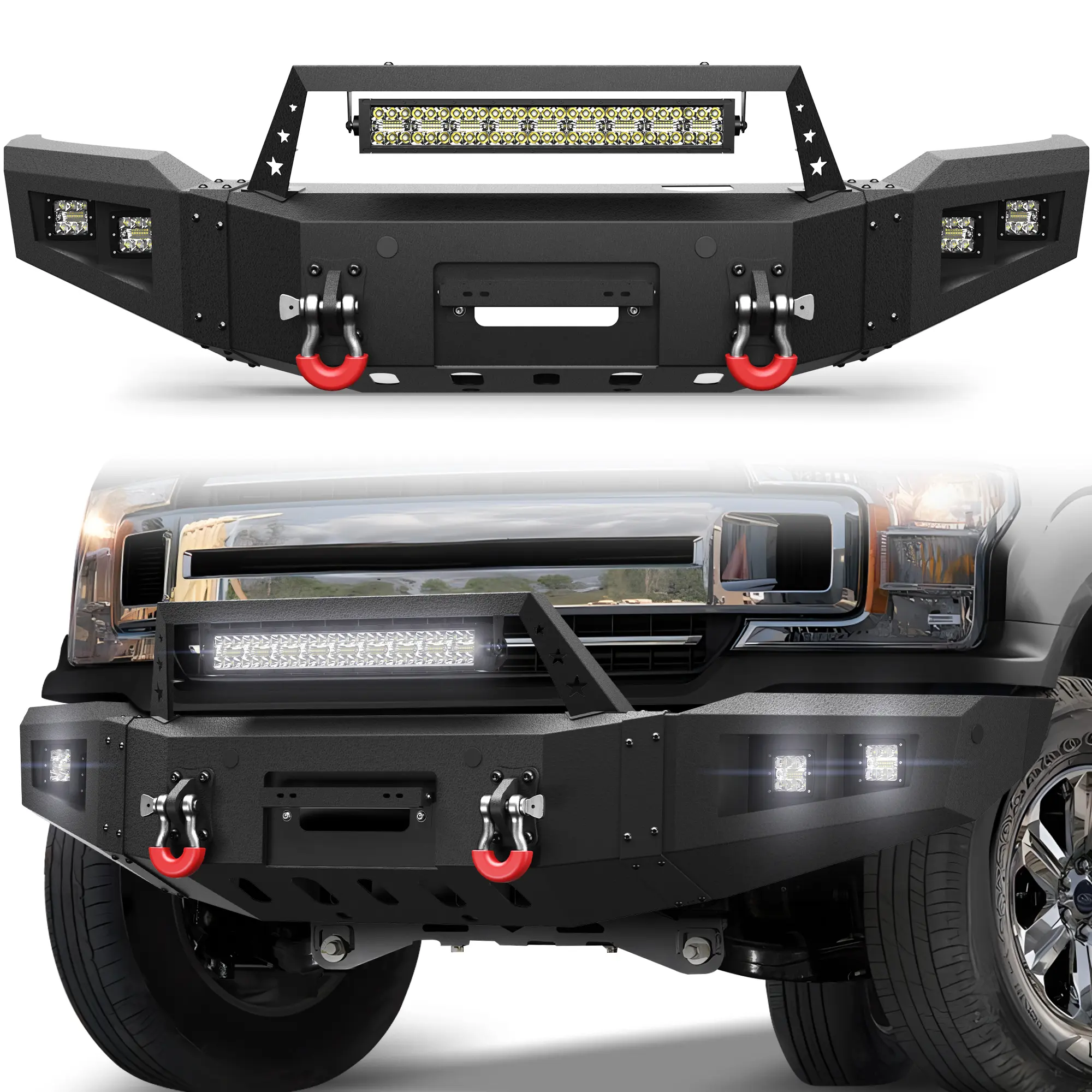 POFENZE-NADIA Custom Fit Front Bumper for 2018-2020 Ford F150 (Excluding Raptor) - Auto Replacement Part with D-Ring Lights, Light Bars, Boosts Truck's Capabilities, Improves Performance, Enables Vehicle Enhancement, D-Ringlights