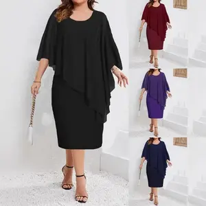 Women's Solid Color Sleeveless Chiffon Cape Bodycon Plus Size Dress