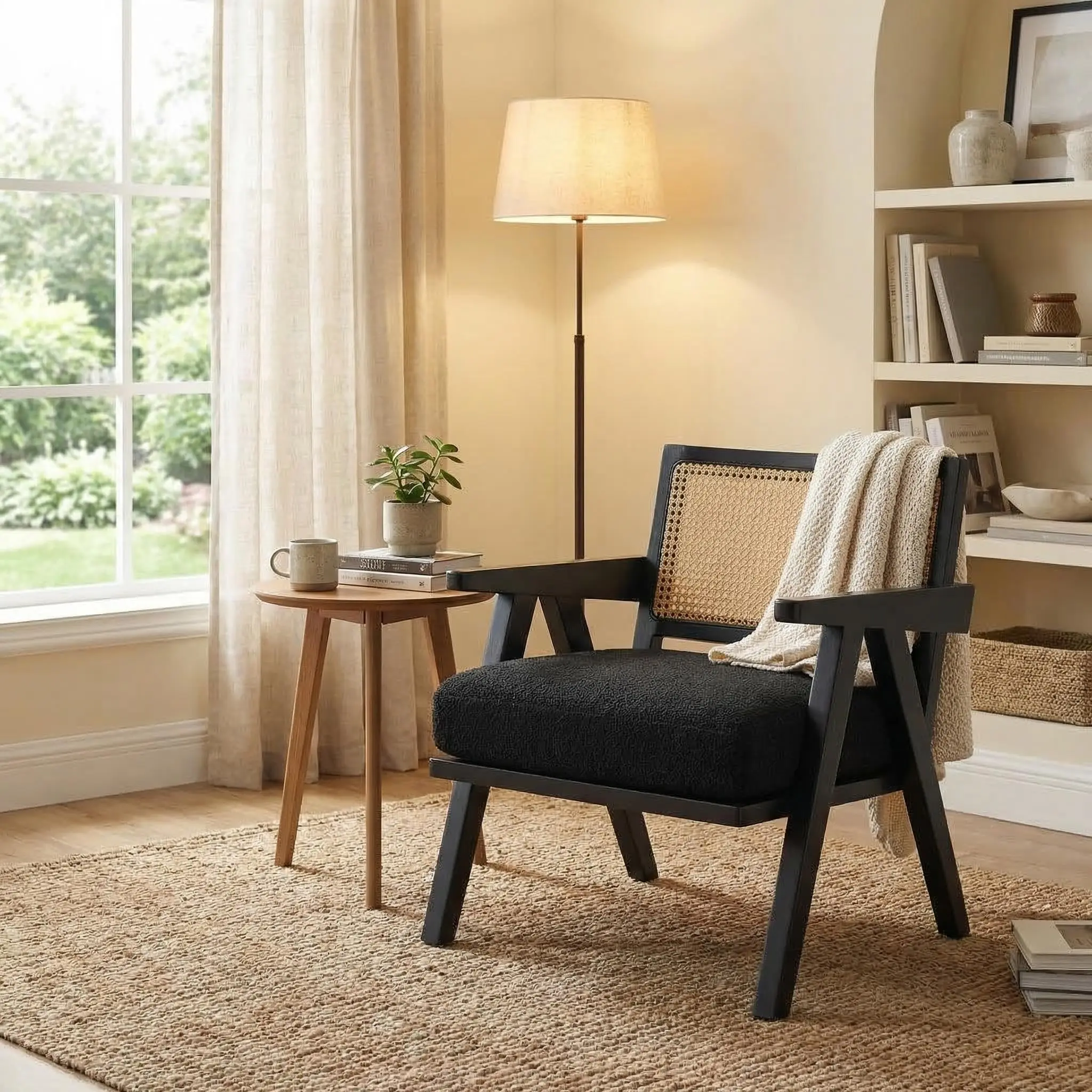 Garvee Mid Century Modern Accent Chair, Rattan Lounge Chair Fabric Upholstered Lounge Armchair with Wood Frame and Soft Cushion for Living Room, Bedroom, Balcony, Beige