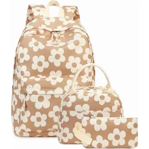 Teens Backpack Set Girls School Backpack Lunch Box Pencil Bags Student Bookbags 3 in 1 (Beige Large Flower 157 Brown)