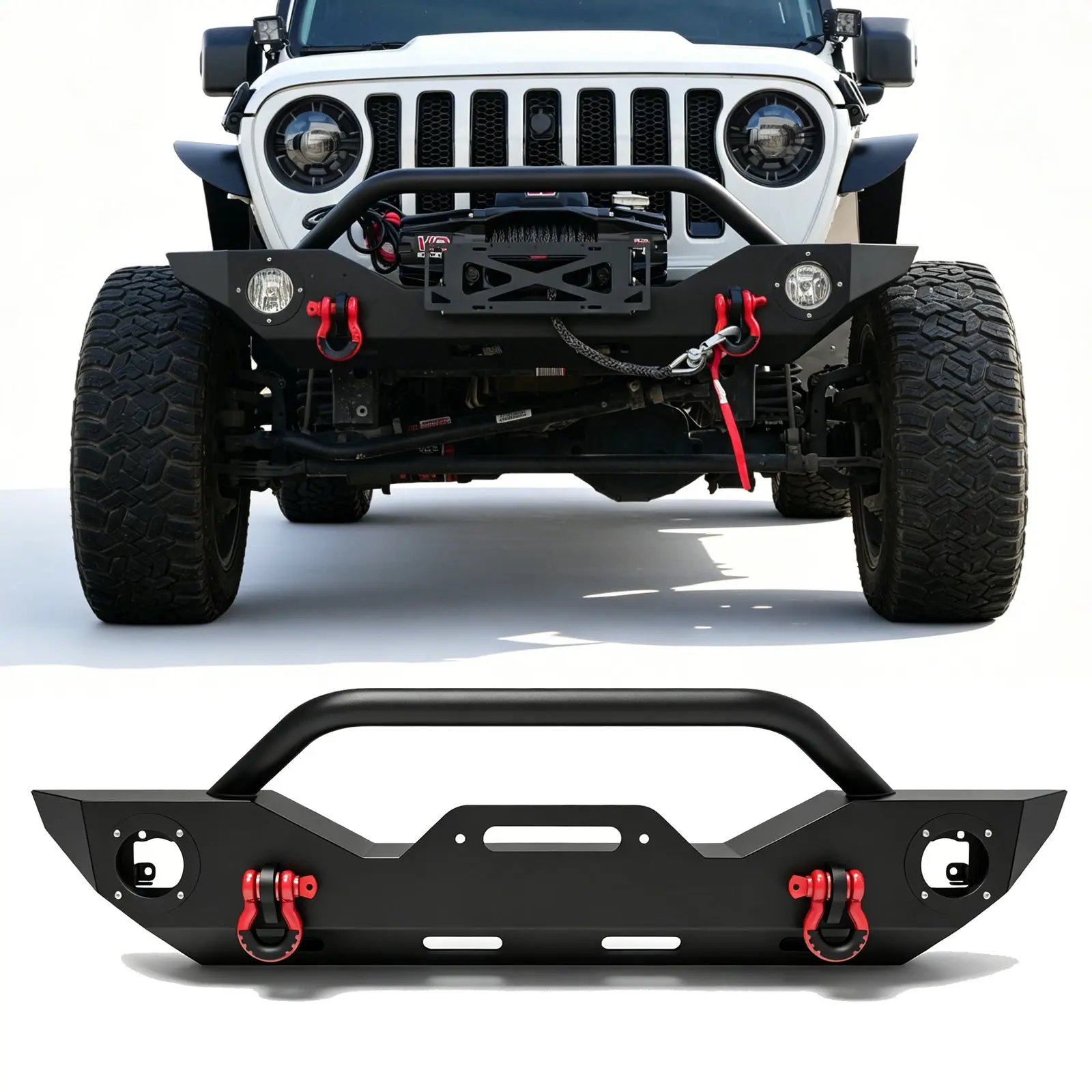 Wolfstorm Front Bumper with D-Ring, Fits for 2007-2018 Jeep WRANGLER JK, 2018-2025 JEEP WRANGLER JL, 2019-2025 JEEP GLADIATOR JT