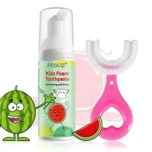 Toothpaste Foam + Brush Set, Strawberry/watermelon Flavors, Oral Care Kit, U-Shaped Design, Fluoride-Free, Easy Use, Gentle Effective Toothpaste