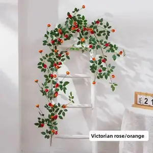 Artificial Tea Bag Rose Vine, Augsburg Style Victorian Rose Air Conditioning Pipe Covering Vine, Indoor Wall Decor Plastic Vine, Bendable Faux Flower Vine for Living Room Bedroom Ceiling Landscaping