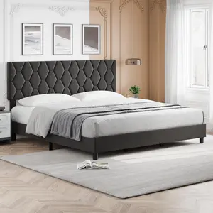 【GARVEE】King Size Platform Bed Frame with Upholstered Headboard, Fabric Upholstered Bed Frame with Adjustable Headboard, Bed Frame with Diamond Pattern and Soft Fabric, Wood Slat Support, Grey
