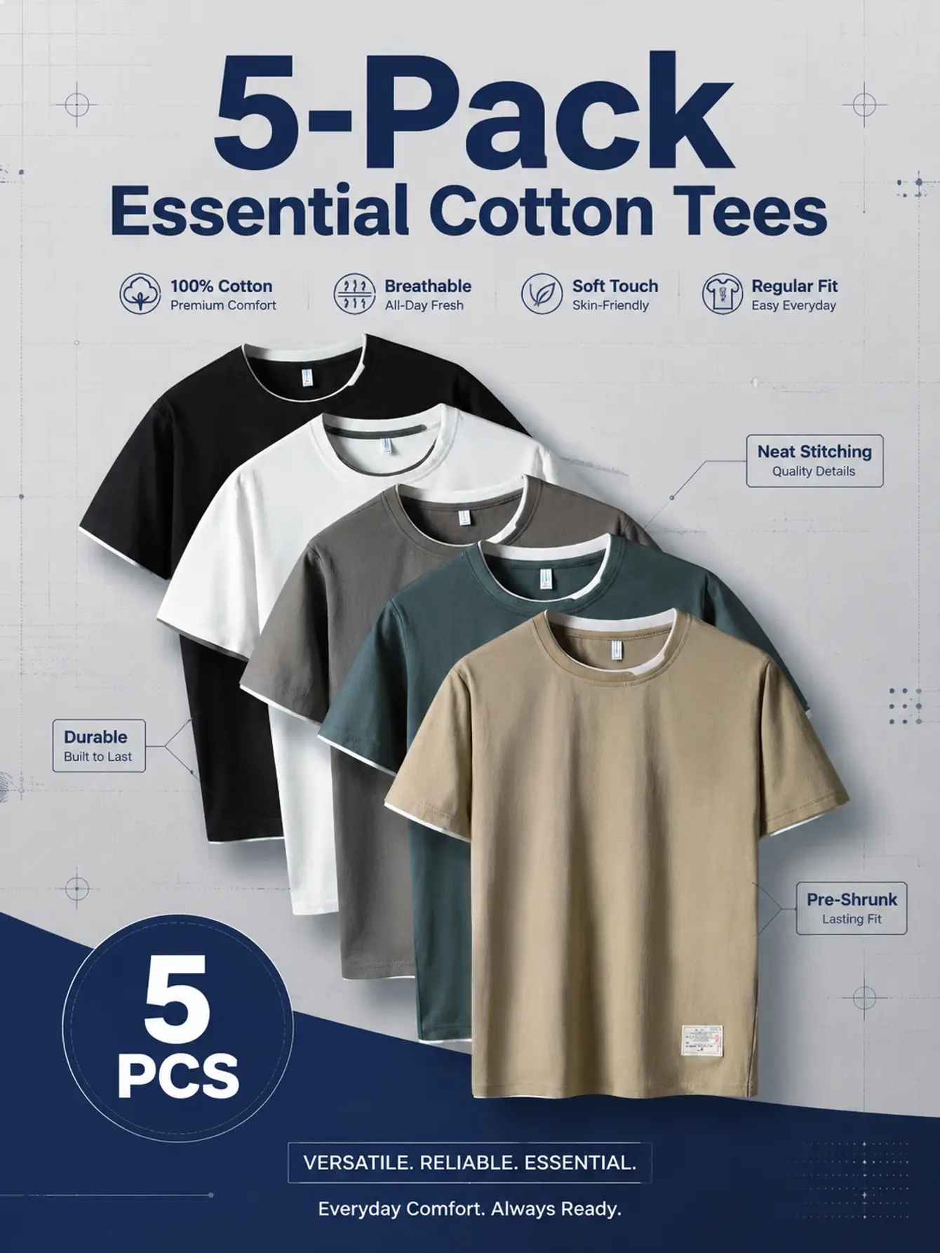 5-Pack Men’s 100% Cotton Short Sleeve T-Shirts – Tagless, Crew Neck, Relaxed Fit for Everyday Wear