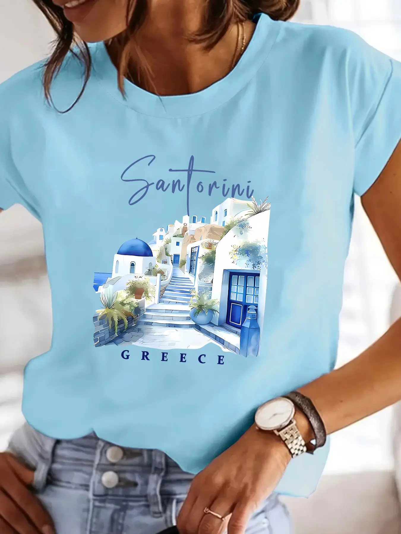 St Tropez Town Graphic Print Women's Round Neck T-Shirt, Breathable and Soft, Casual Daily Wear, Perfect for Commuting and Shopping