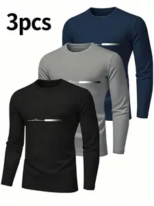 3-Pack Men's Long Sleeve T-Shirts, Breathable and Moisture-Wicking, Navy Crew Neck, Lightweight Gym Office Wear, All-Season Casual Tops