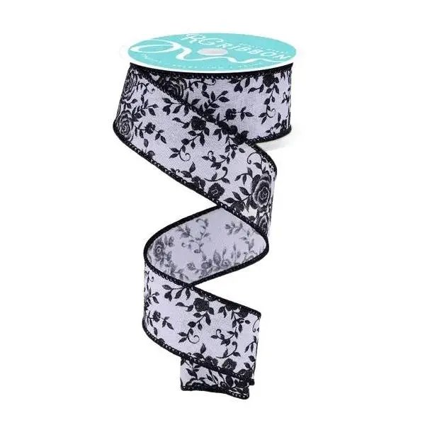 1.5" x 10yd Mini Rose Ribbon – White/Black
