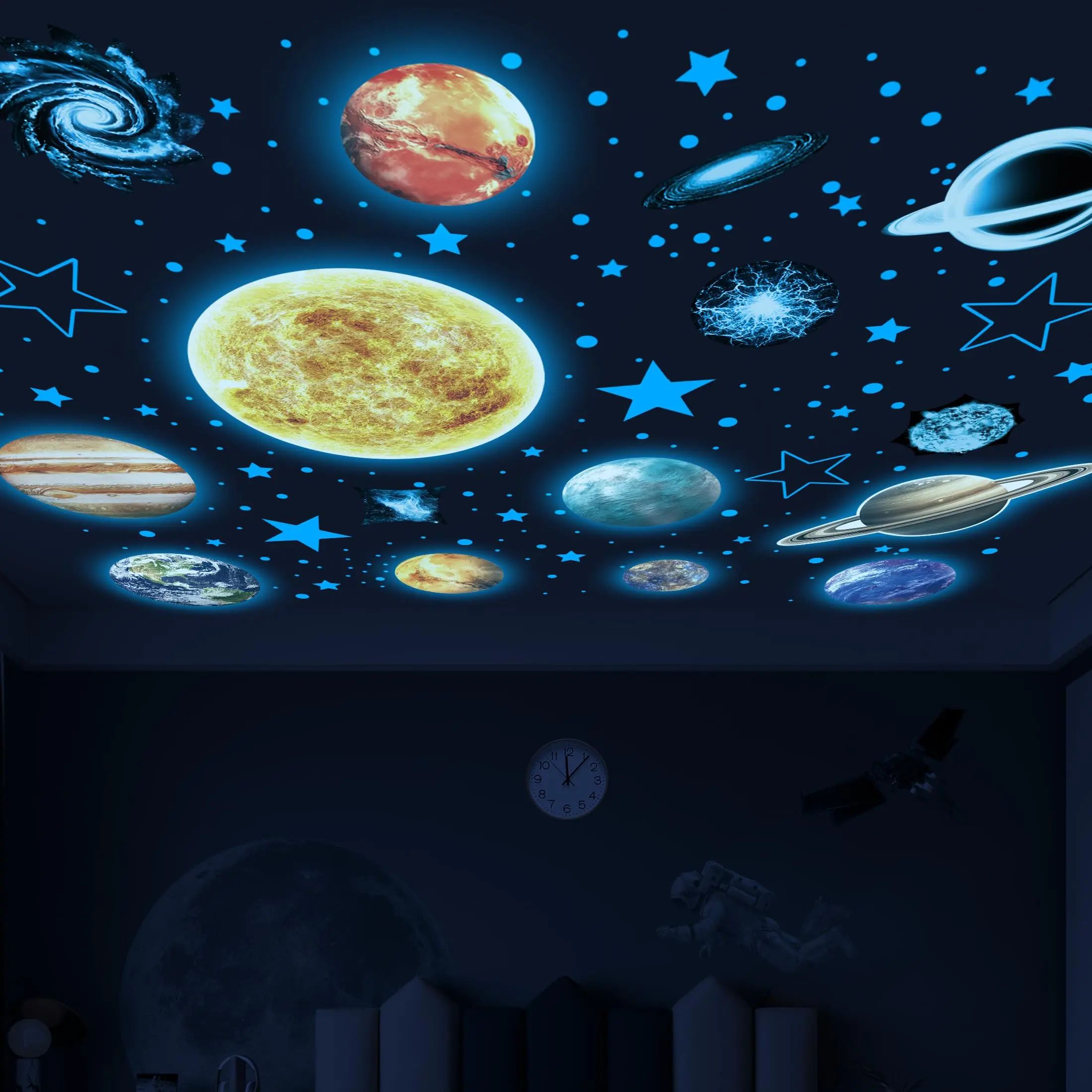 Glow In The Dark Stars And For Ceiling  Solar System Wall Stickers Space Decals Room (blue)