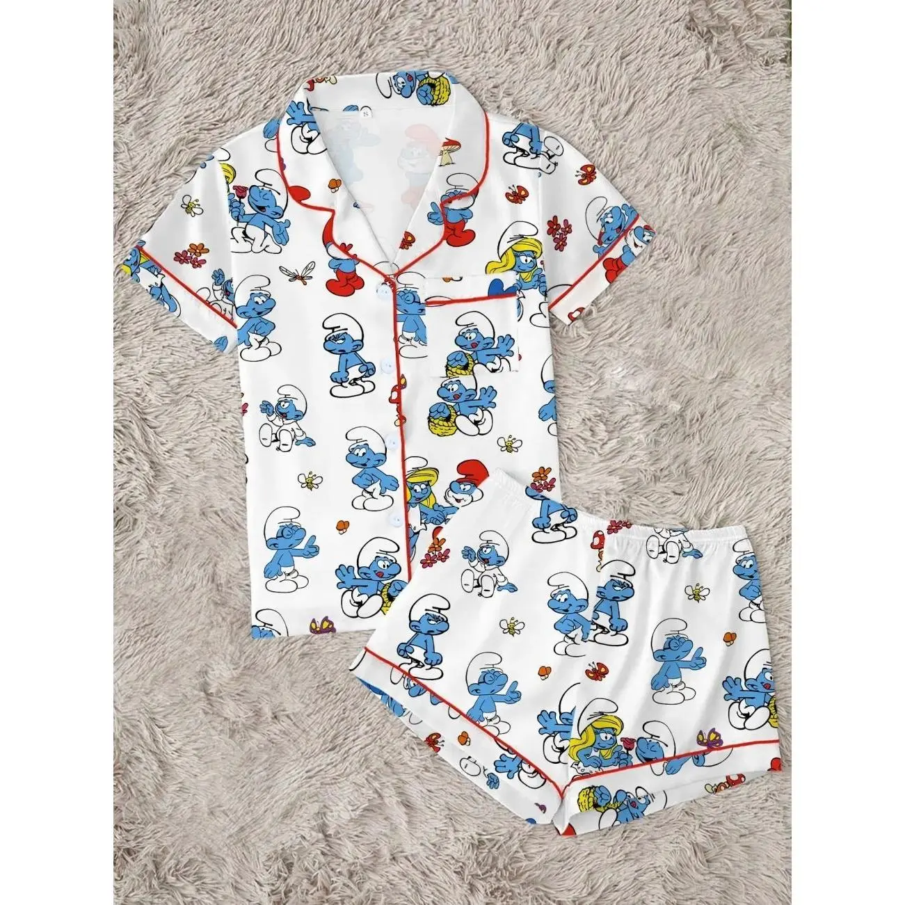 Trendy 80s Nostalgic Cartoon Pajama Set | Cute Blue Elf Graphic Print Sleepwear | Soft Short Sleeve Button Down Lounge Outfit with Red Piping | Kidcore Summer PJs, PJ Sets