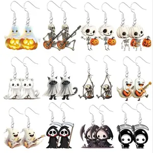 Charming Halloween Earrings Set - Cute Ghosts, Pumpkins, Cats & Skulls | Cartoon-Style Acrylic Dangles for Women | Perfect Gift for Any Occasion