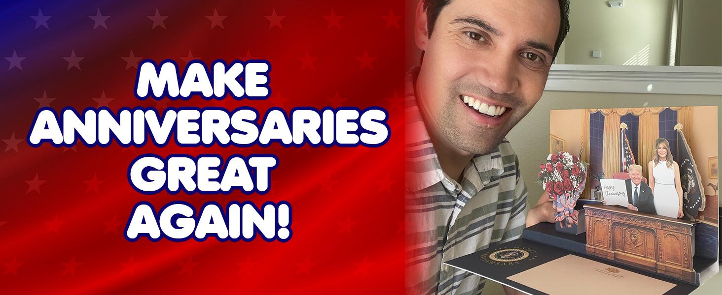 Trump Pop Up Anniversary Card with Real Voice, Lights & Music - 3D Scene Plays Happy Anniversary in Donald Trump's Voice - Funny Novelty Greeting Card for Couple, Husband & Wife (Oval Office)