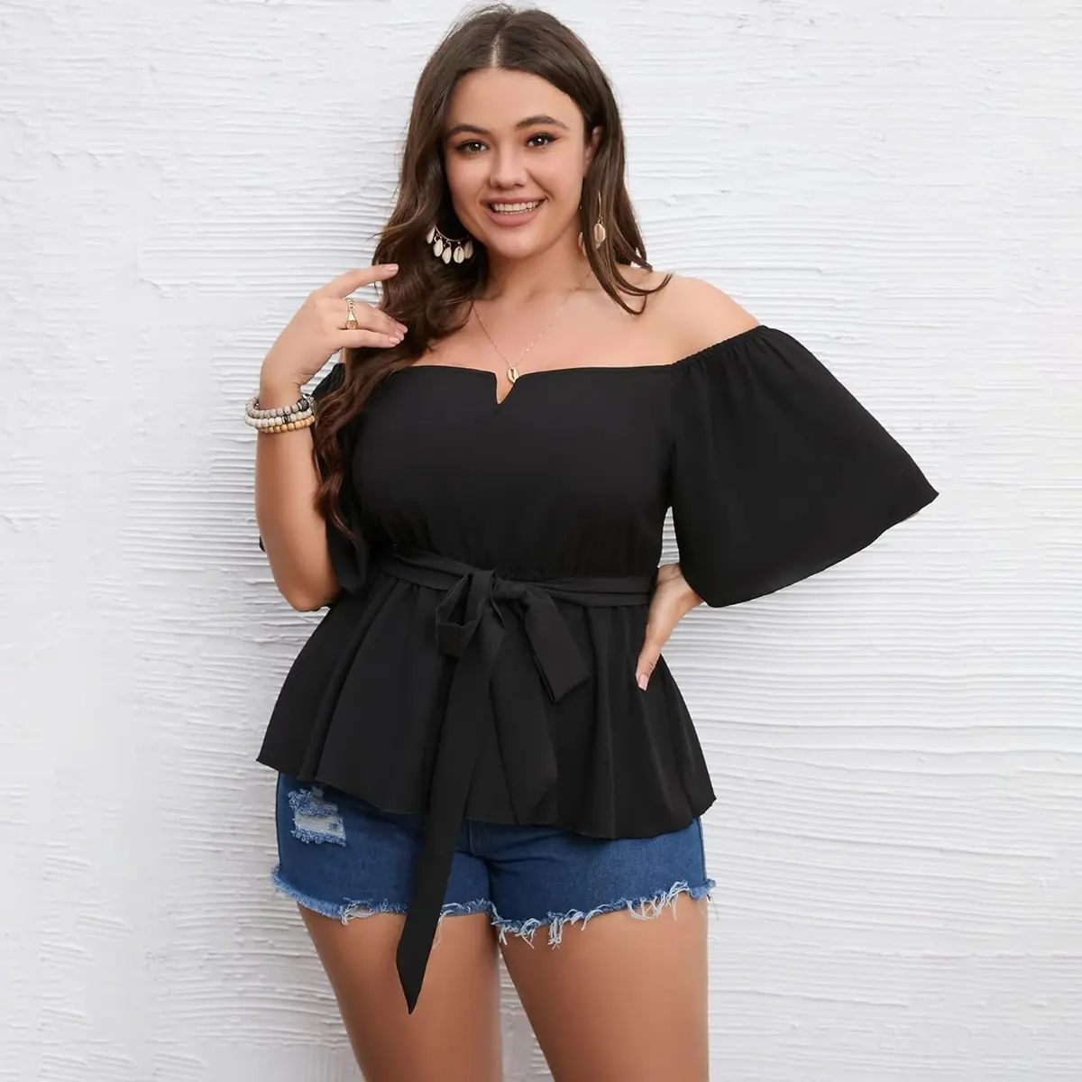 SCOMCHIC Women's Plus Size Off The Shoulder Peplum Blouse Top Half Bell Sleeve Tie Waist Ruffle Hem Babydoll Tops