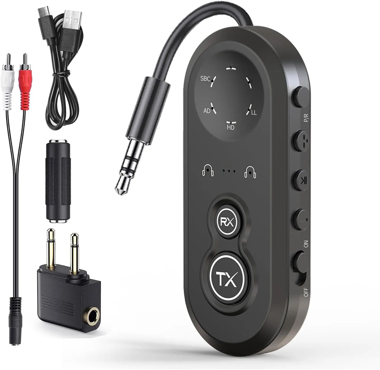Bluetooth. Transmitter Receiver for  Airpods or Headphones, Airplane Bluetooth Adapter with aptX Low Latency, Hr Playtime, .mm Audio AUX Jack for Flight,TV,PC,Gym,Tablets Car Stereo