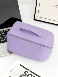 Solid Color Makeup Bag, Large Capacity Double Layer Makeup Storage Bag, Portable Toiletry Bag, Waterproof PU Skin Care Bag, Travel Storage Bag